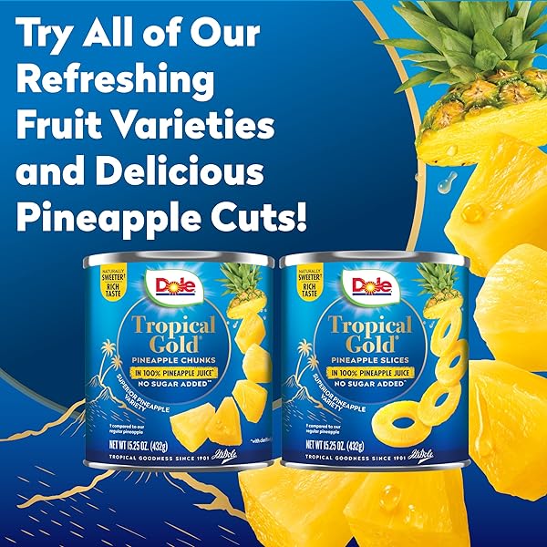 DOLE CANNED FRUIT, TROPICAL GOLD PINEAPPLE SLICES IN 100% PINEAPPLE JUICE, GLUTEN FREE, PANTRY STAPLES, NO SUGAR ADDED, 15.25 OZ