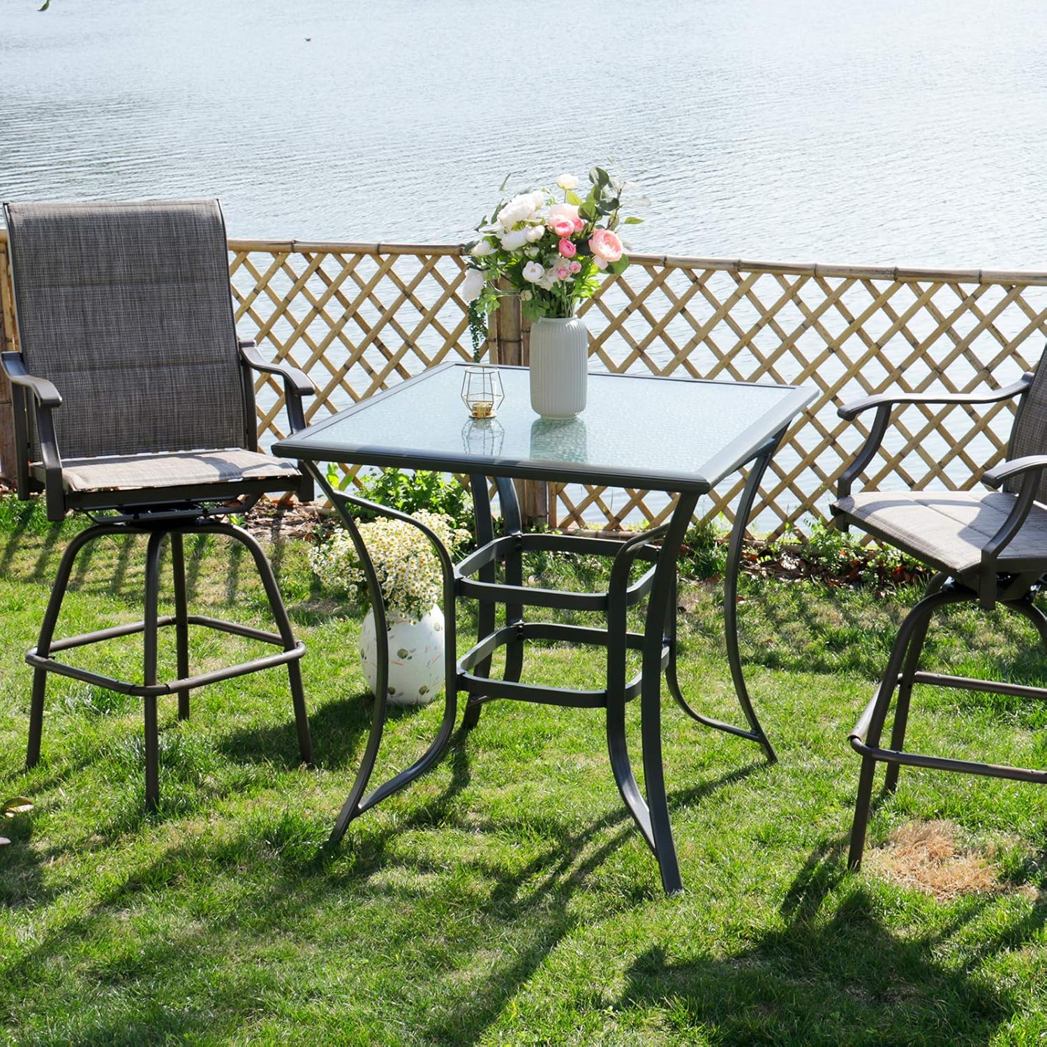 Welnow 36" Outdoor Patio Dining Bar Table Aluminum Square Bistro Table Height Bar Table Outdoor Furniture Garden Backyard Table, Ripple Tempered Glass Table Top with Umbrella Hole, Deep-Gray: Kitchen & Dining