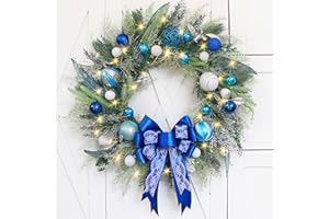 TOKCARE Prelit Christmas Wreath with Blue Bow and Ball Ornaments 22 Inch Christmas Wreath with Lights for Front Door Battery Operated Timer 40 LED Lights, Holiday Decoration for Fireplace Xmas Decor