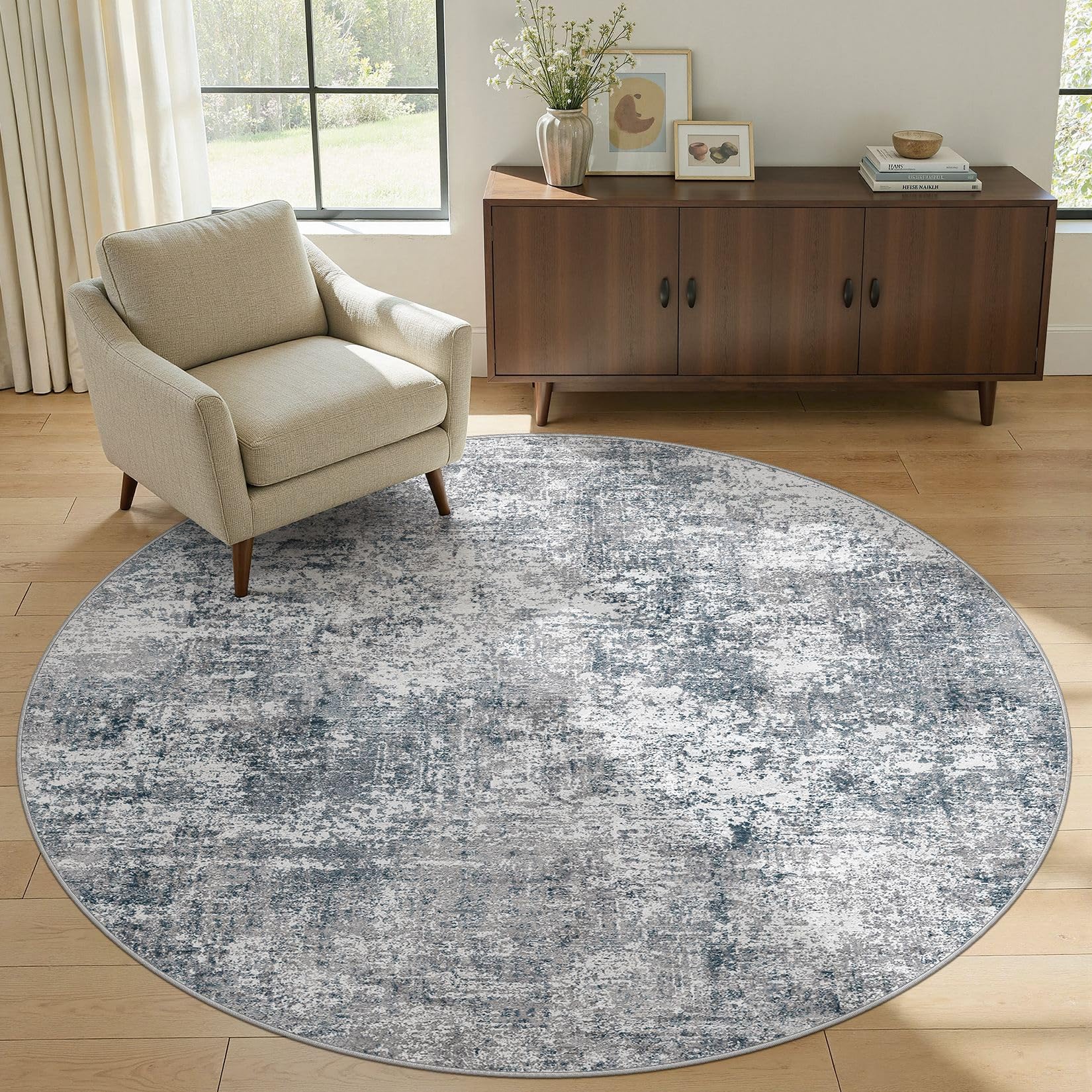 Photo 1 of 6FT Round Area Rugs for Living Room: Washable Large Neutral Abstract Circle Rug Soft Non Slip Stain Resistant Low Pile Indoor Carpet for Bedroom Dining Room Nursery Office Playroom - Blue Grey