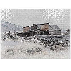 Ambesonne Western Jigsaw Puzzle, Old Wooden Wagons
