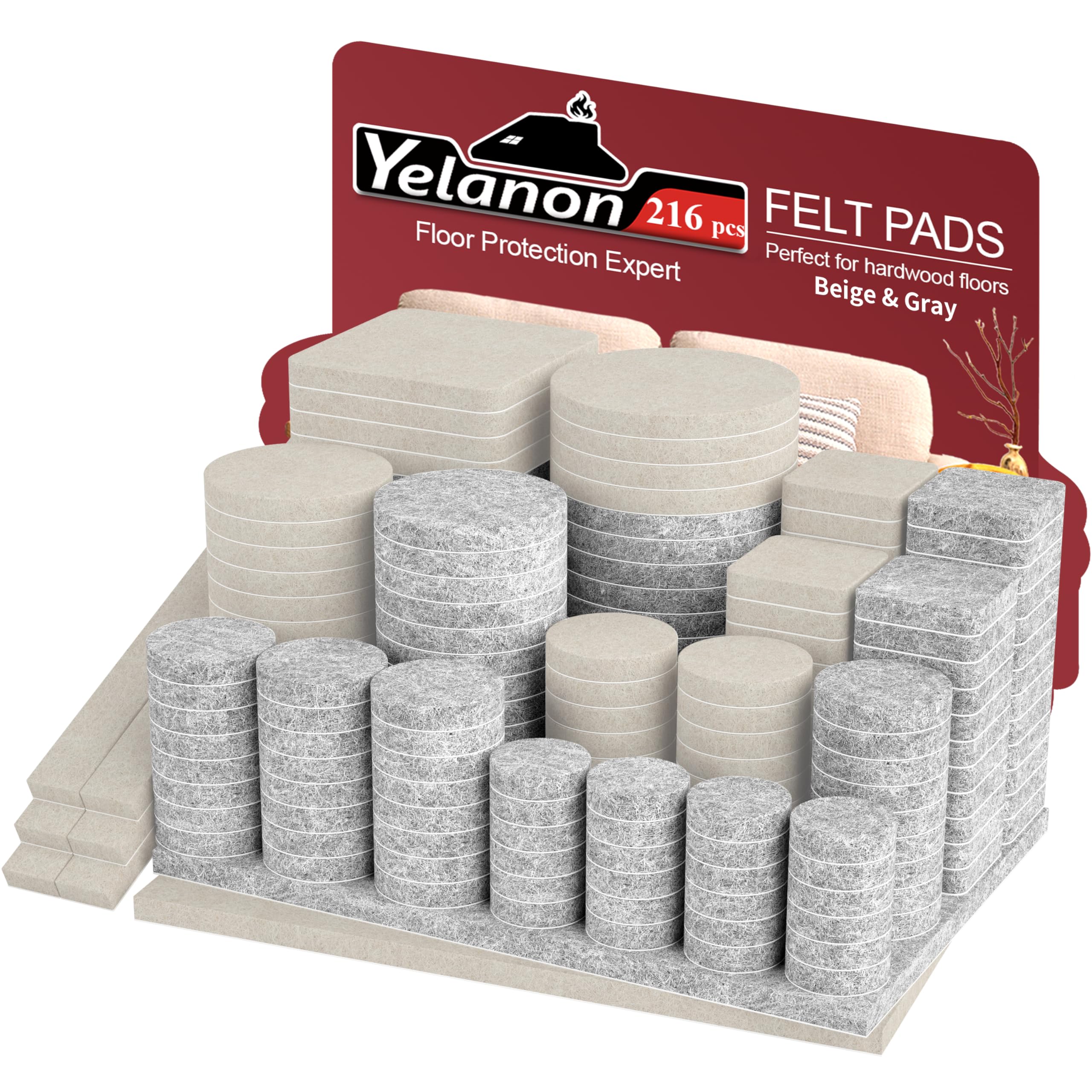 Yelanon Felt Furniture Pads -216 Pcs Furniture Pads Hardwoods Floors Self Adhesiv, Cuttable Felt Chair Pads Anti Scratch Floor Protectors for Furniture Feet Chair Legs Furniture Felt Pads Beige & Gray