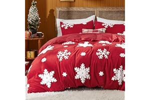 Bedsure Fluffy Duvet Cover Set - Ultra Soft Plush Shaggy Comforter Cover Queen Size, Warm Flannel Fleece Bed Sets for Winter, 3 Pieces, Snowflake Pattern, Red