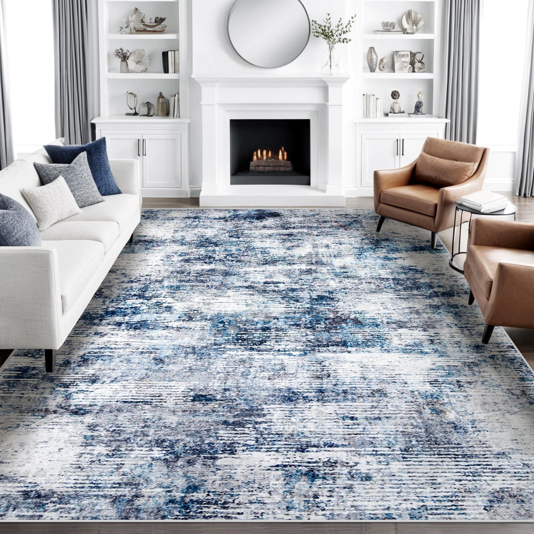 Photo 1 of 8x10 Area Rugs for Living Room: Large Washable Rug Neutral Abstract Non-Slip Low Pile Carpet for Bedroom Living Room Kitchen Office (Blue, 8'x10')