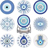 8 Pcs Evil Eye Diamond Painting Coasters Blue Diamond Art Cup Holder Mat with Cork Base for Beginners Craft Supplies Gift