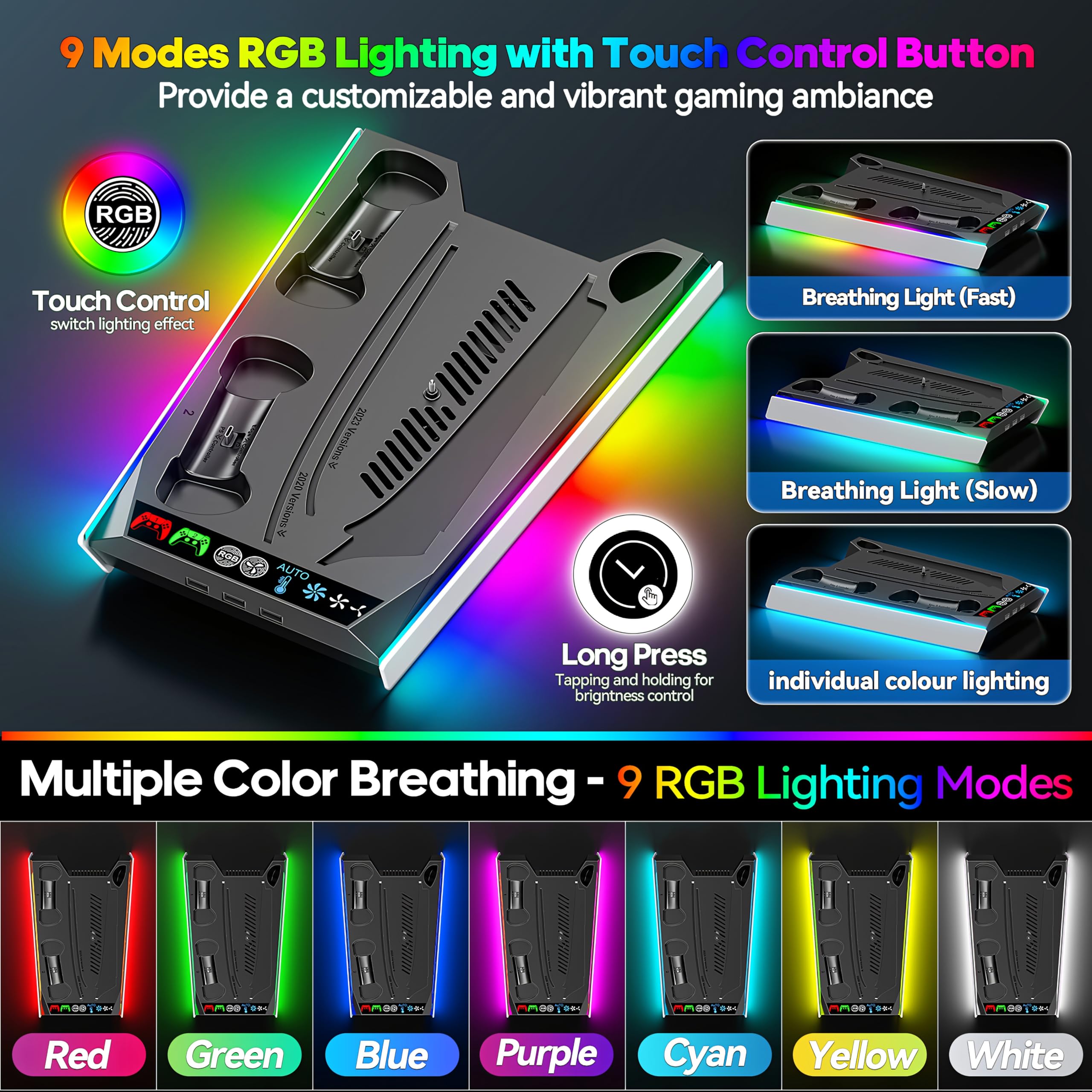Tokluck PS5/PRO/Slim Ständer mit Automatisch Einstellbarer 3-Stufen-Lüfter für Alle PS5 Konsole, PS5 Standfuß und Controller Ladestation für PS5 & Edge Controller, PS5 Zubehörset 6