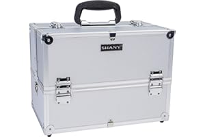 SHANY Essential Pro Makeup Train Case Cosmetic Box Portable Makeup Case Cosmetics Beauty Organizer Jewelry storage with Locks, Multi Compartments Makeup Box and Shoulder Strap - Silver