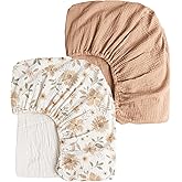 Konssy Muslin Crib Sheets 2 PCS 100% Cotton Baby Crib Sheets for Standard Crib Mattress (28" x 52"), Soft and Breathable for Boys, Girls (Toffee, Flourish)
