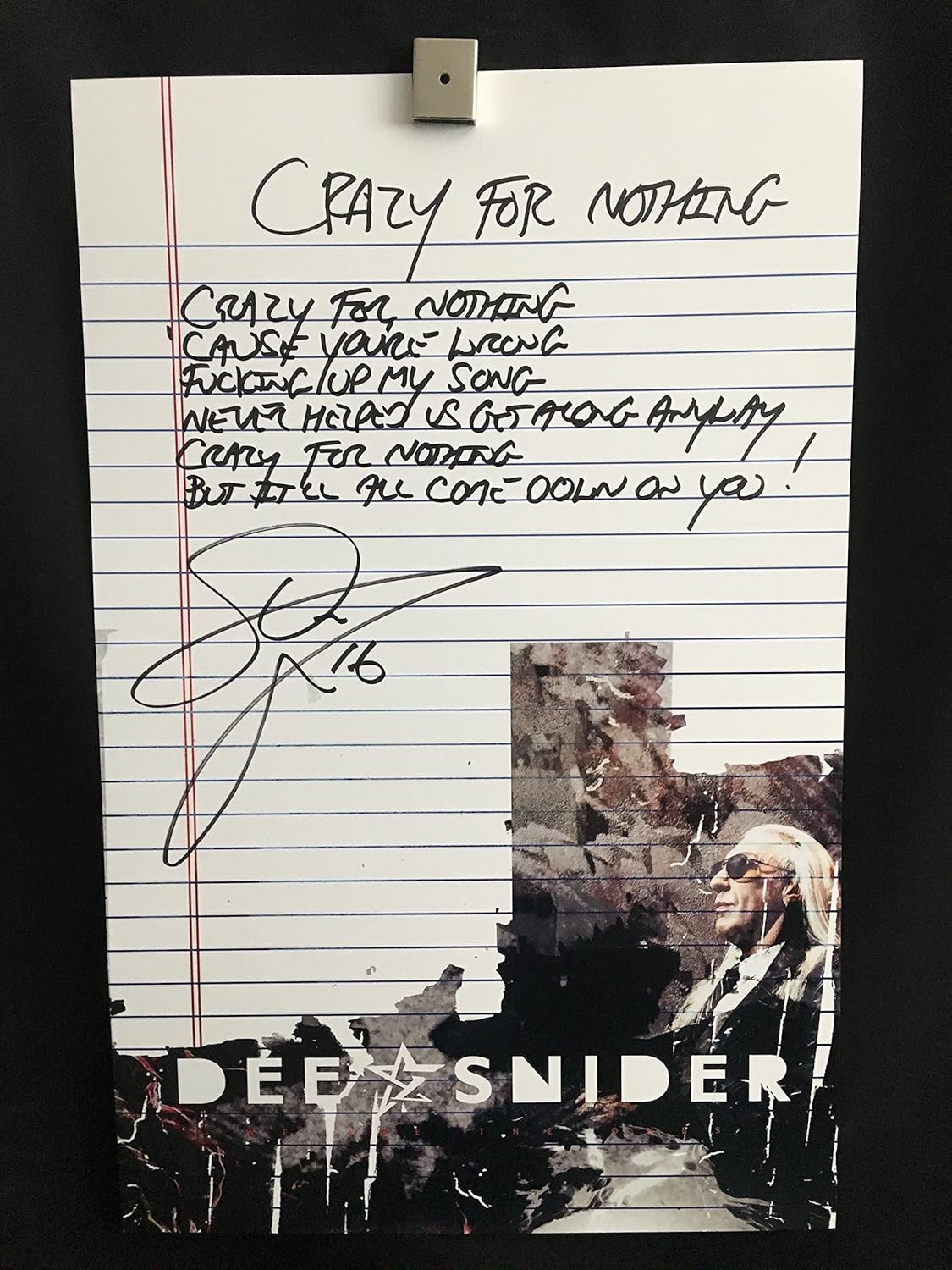 Dee Snider of Twisted Sister Hand Written Lyrics to"Crazy For Nothing