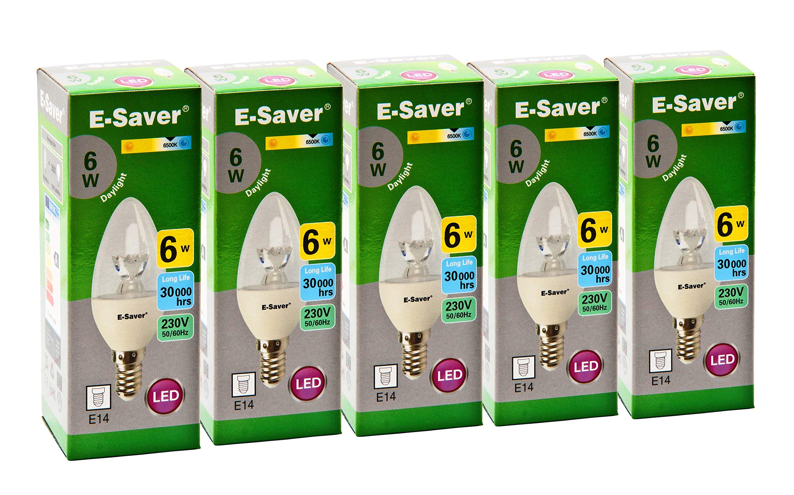 E-Saver - LED C37 Clear Candle 6w- Led Light Bulbs - (Pack of 5) - Daylight 6500k - E14 - Small Edition Screw (SES) - Replaces 60w Halogen Candles - New Chip Technology - Non Dimmable