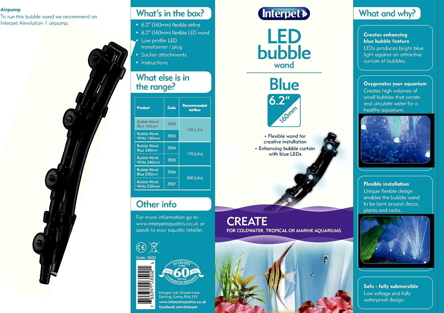 Interpet LED Flexible Bubble Wand Light with Air Wall, for Aquarium Fish Tank Tropical, Coldwater, Submersible, Blue, 16cm - Image 3