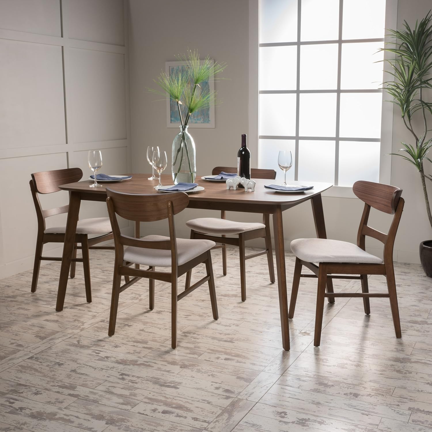 Helen | Mid Century Fabric & Wood 5 Piece Dining Set | in Walnut/Light Beige