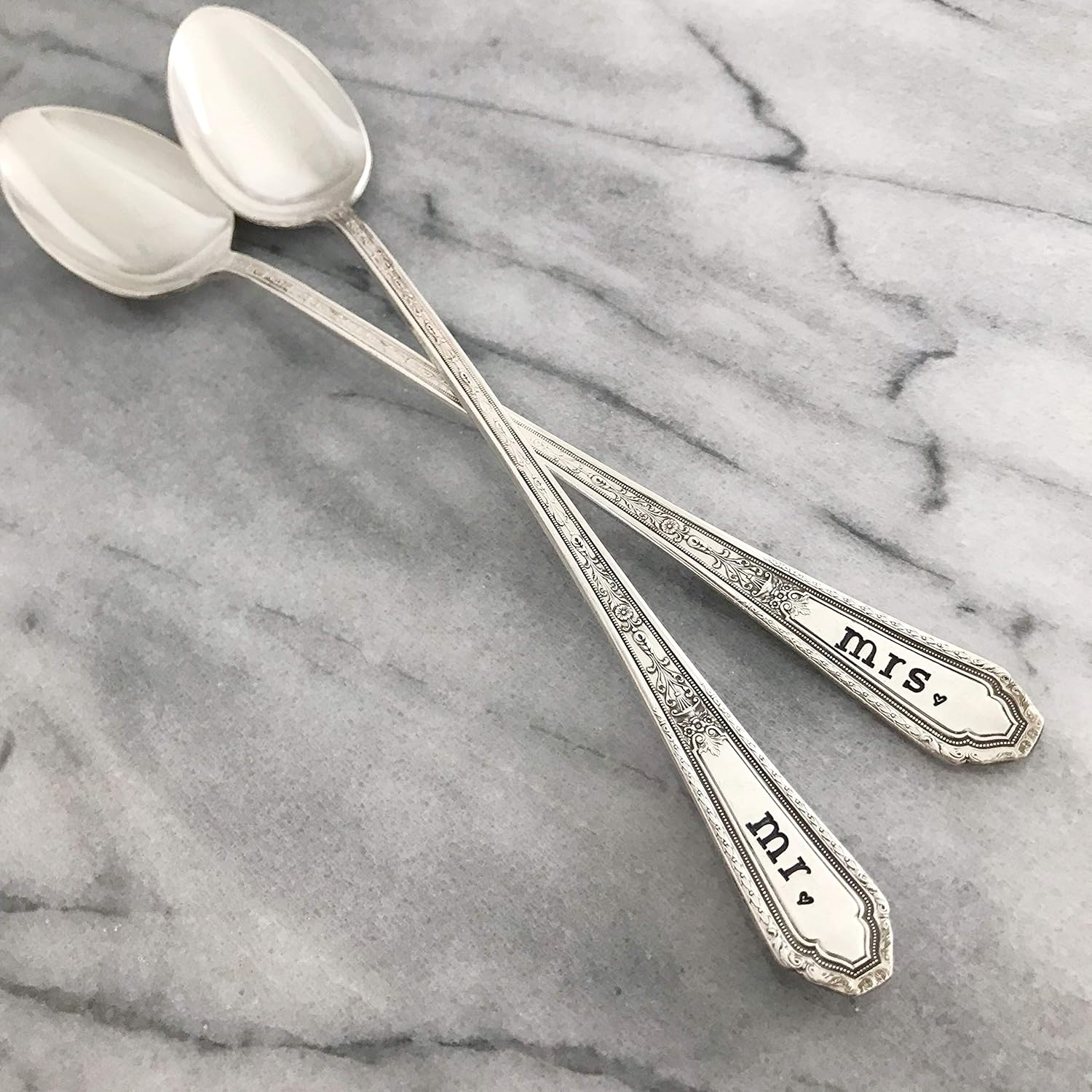 Mr. & Mrs. long spoon set, hand stamped vintage, iced tea