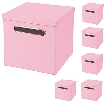 CM3 6 Stück Rosa Faltbox 32,5 x 32,5 x 32,5 cm mit Rosegold Griff Aufbewahrungsbox faltbar, mit Deckel