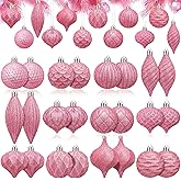 Syhood 24 Pcs Pink Ball Ornaments Textured Various Shapes Shatterproof Hanging Decoration with Glitter 2.36-4.72 Inches for Holiday Wedding Xmas Party Supplies