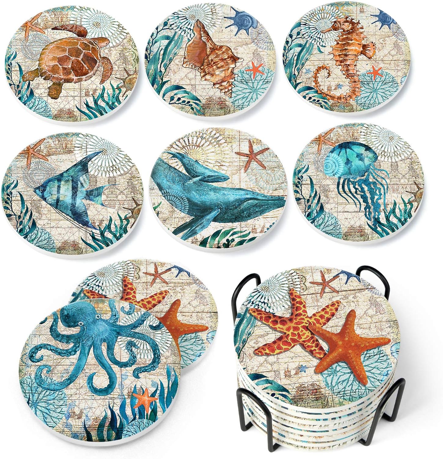 Absorbent Coasters Stone Coaster Set of 8, Cork Base, with Holder