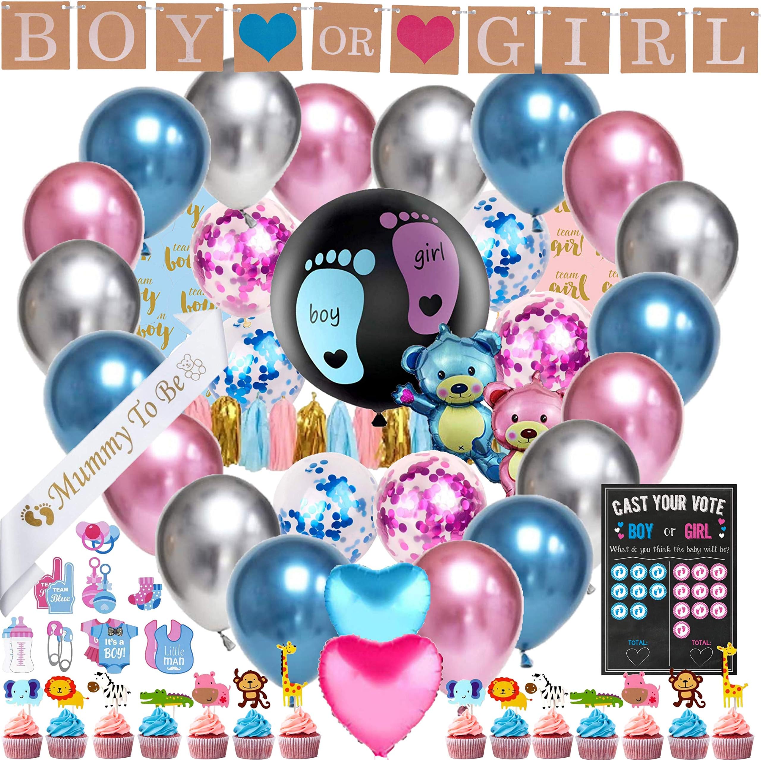 Gender Reveal Party Supplies and Decorations - Gender Reveal Balloon with Blue Pink Confetti | Boy Or Girl Banner Decor | Animal Cup Cake Topper | Cast Your Vote Poster - Chrome Balloons Kit
