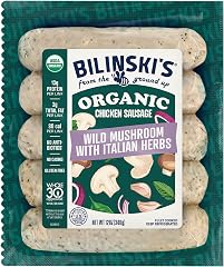 Bilinski's Organic Wild Mushroom Chicken Sausage, 13g Protein/80 Calories, Fully Cooked, GAP Certified Chicken, No Antibiotic