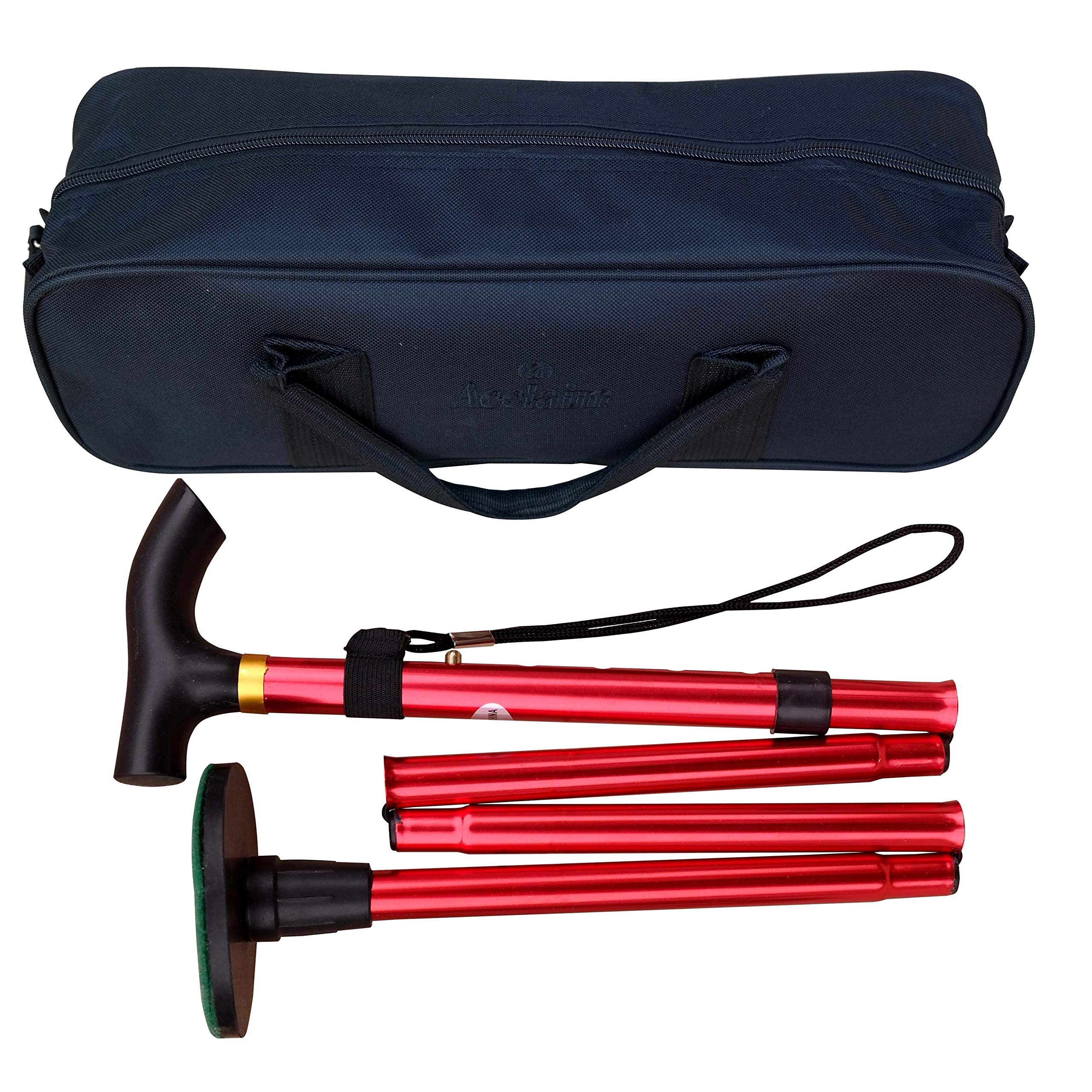 Acclaim Bowlers 33"-37" Lawn Bowls Plain Metal Folding Walking Stick & Green Protector with Green Synthetic Felt Base in Carrying Bag (Red)