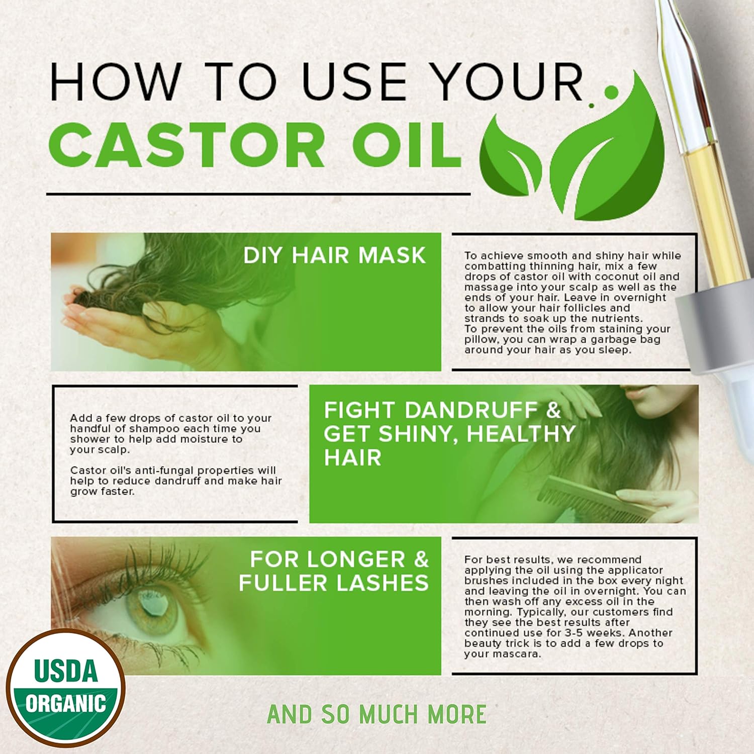 Organic Castor Oil - USDA Certified Organic 100% Pure, Cold-Pressed, Extra-Virgin, Hexane-Free. Best Carrier Oil For Eyelashes, Hair, Eyebrows & Skin (1oz): Beauty