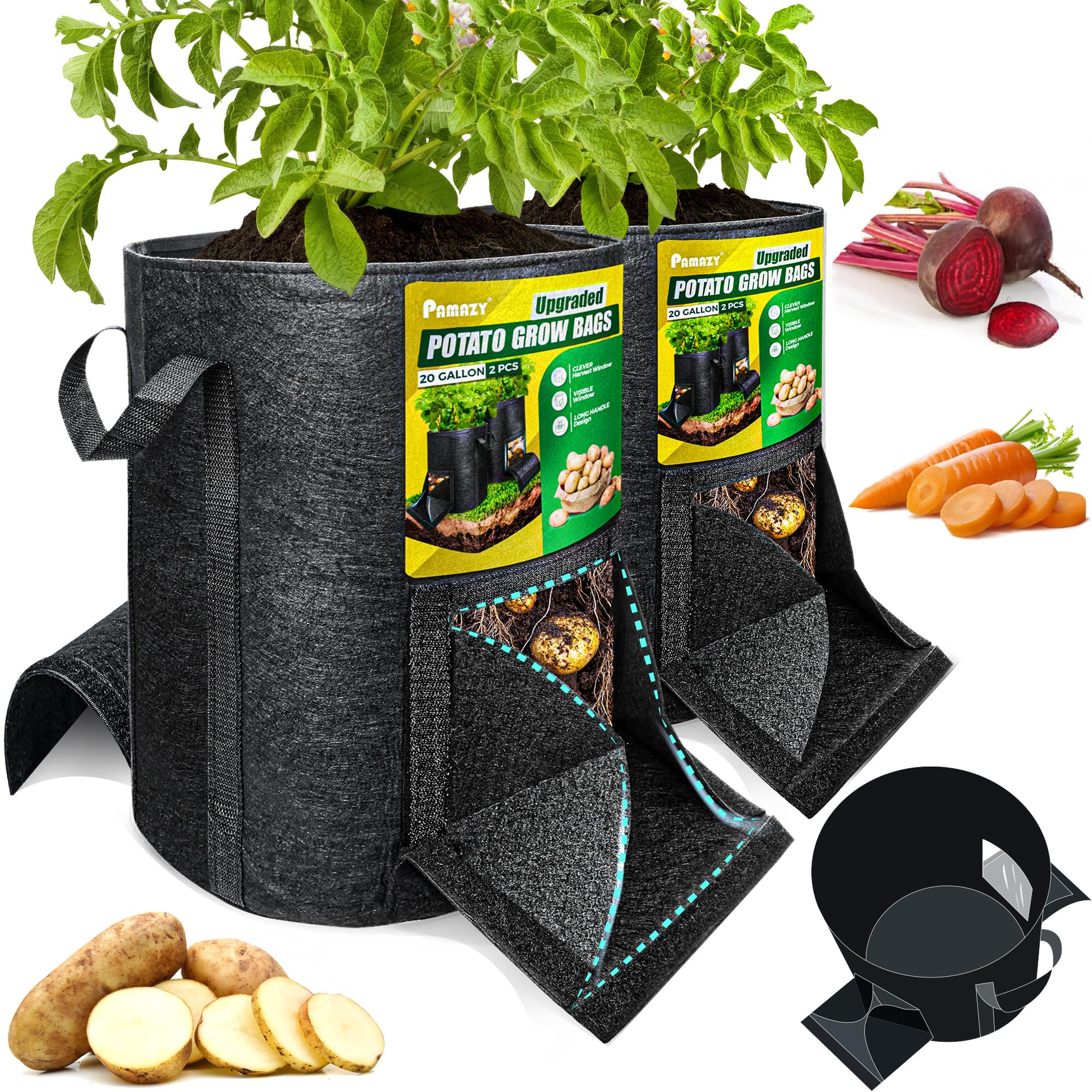 Photo 1 of [Upgraded] 2 Pcs 20-Gallon Potato Grow Bags with Unique Harvest Window, Visible Window, Garden Planting Bag with Reinforced Handle, Nonwoven Fabric Pots for Tomato, Potato Growing Container - Black