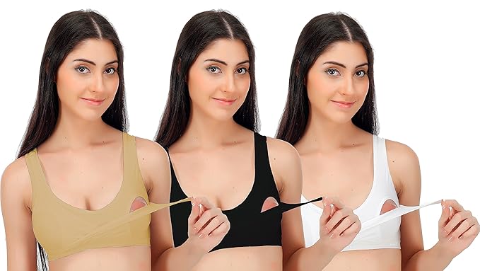 Women's Maternity, Feeding, Sports Bra (Pack of 3) (Black::White::Brown) (Size - 30B)