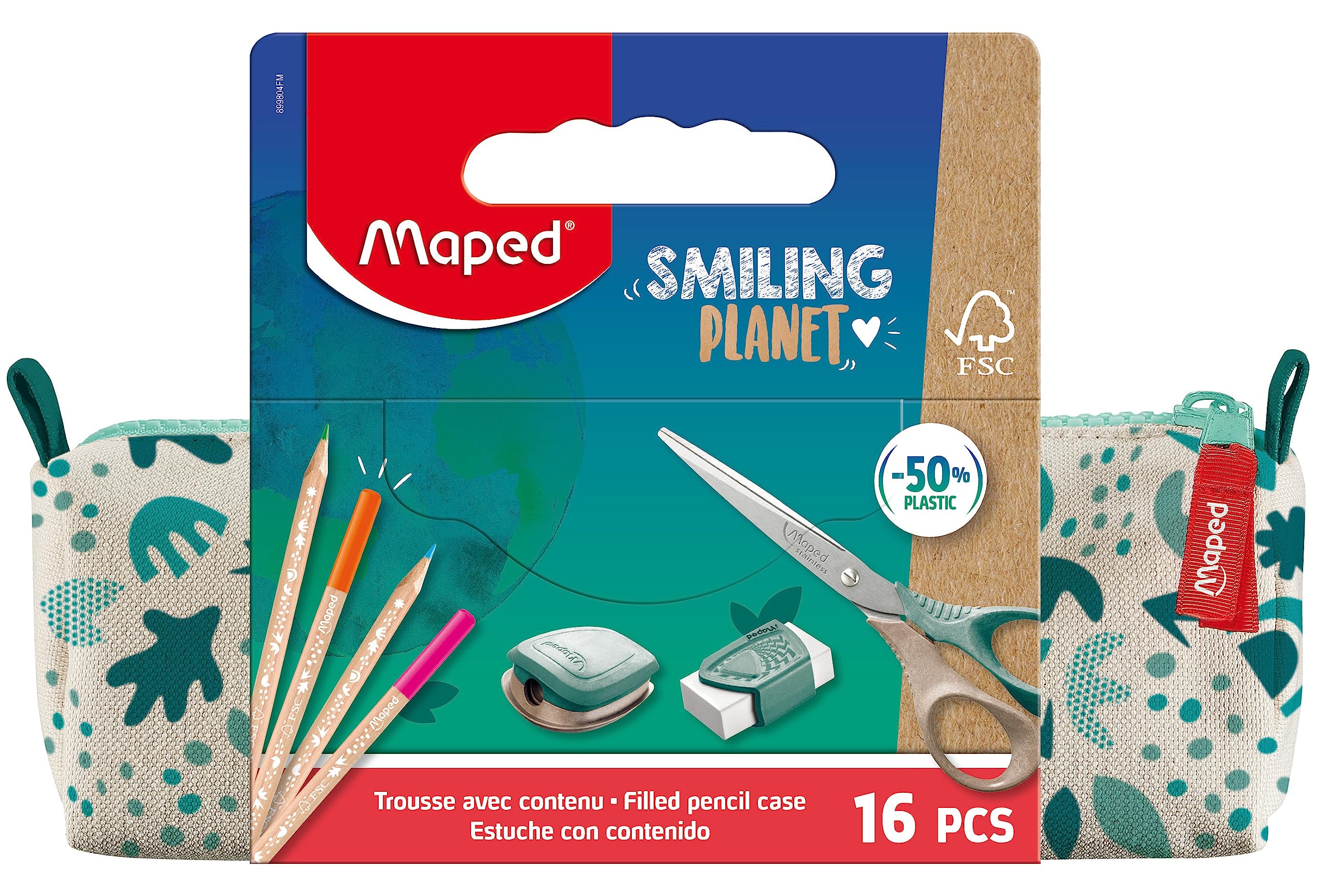 Maped - Smiling Planet Pencil Case with School Supplies - Fabric Pencil Case + 12 FSC Coloured Pencils + 1 Scissors 16 cm + 1 Pencil Sharpener with Reserve + 1 White Eraser
