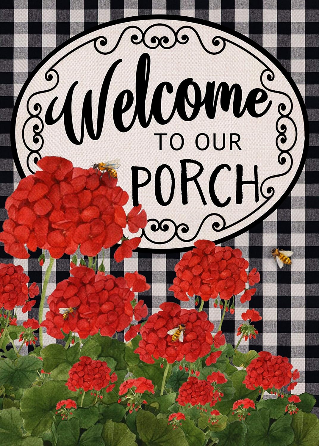 Covido Home Decorative Welcome to Our Porch Spring Summer Garden Flag, Buffalo Plaid Check House Yard Geranium Decor Flower Outside Decoration, Farmhouse Outdoor Small Burlap Flag Double Sided 12x18