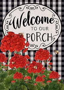 Covido Home Decorative Welcome to Our Porch Spring Summer Garden Flag, Buffalo Plaid Check House Yard Geranium Decor Flower Outside Decoration, Farmhouse Outdoor Small Burlap Flag Double Sided 12x18