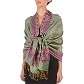 Sakkas Border Pattern Layered Reversible Woven Pashmina Shawl Scarf Wrap Stole