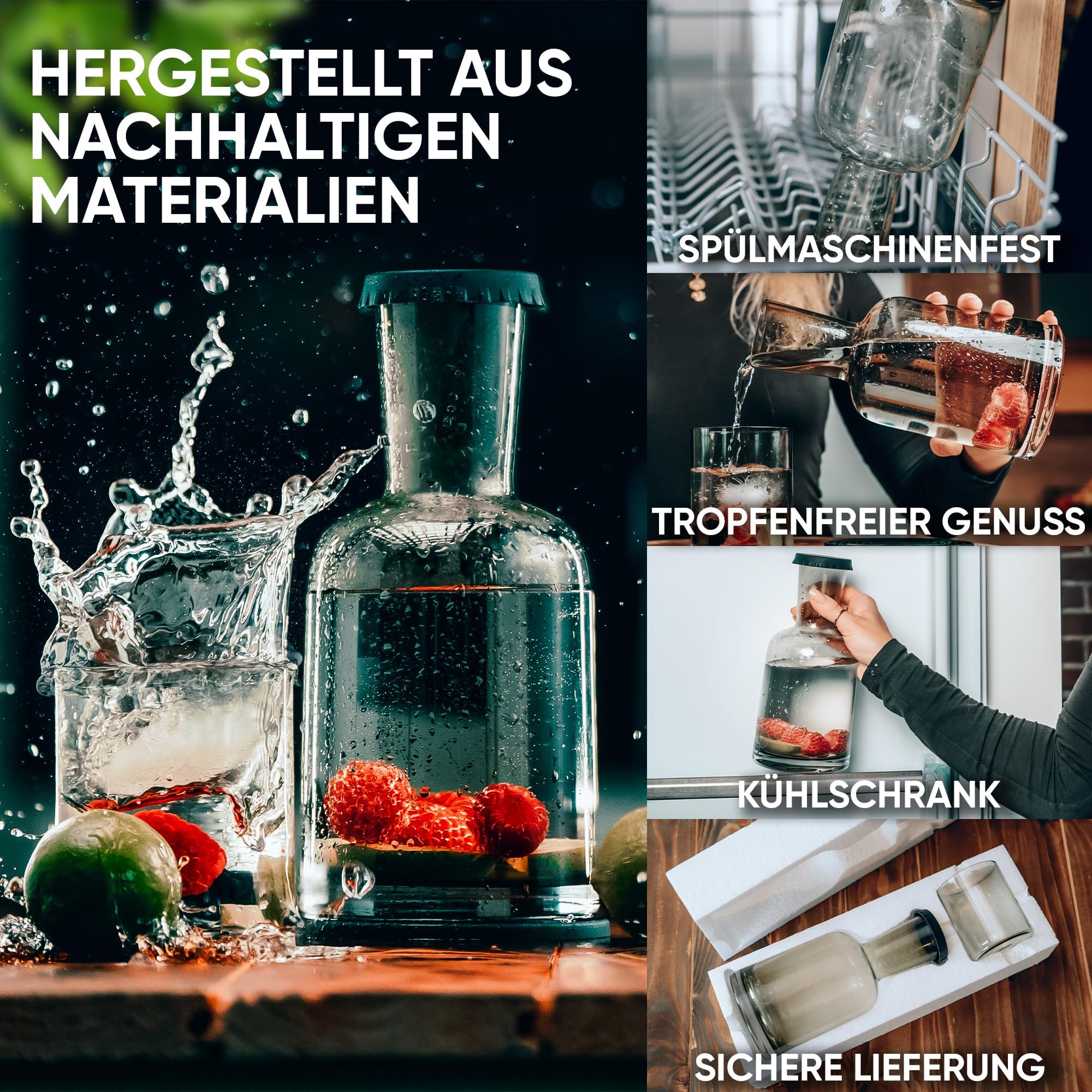 CASA.INARO® edle Glaskaraffe | Wasserkaraffe 1 Liter mit Glas | Wasserkrug | Tropfenfrei | Nachttisch [Karaffen Set mit Untersetzer & Deckel] Als Geschenk zum Geburtstag | Rauchglas grau/grün 5