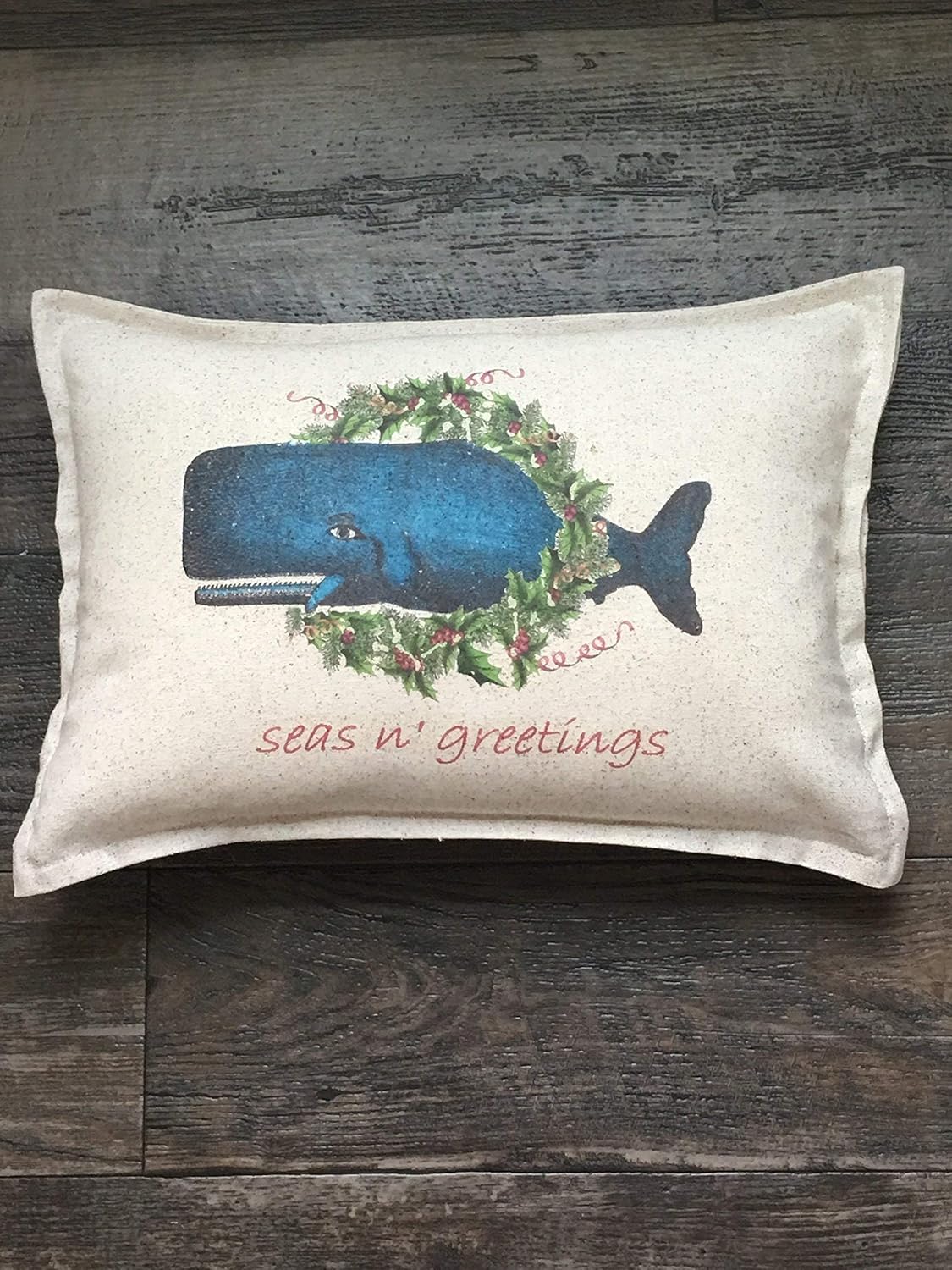 Coastal Christmas Pillow, Blue Whale with wreath Handmade