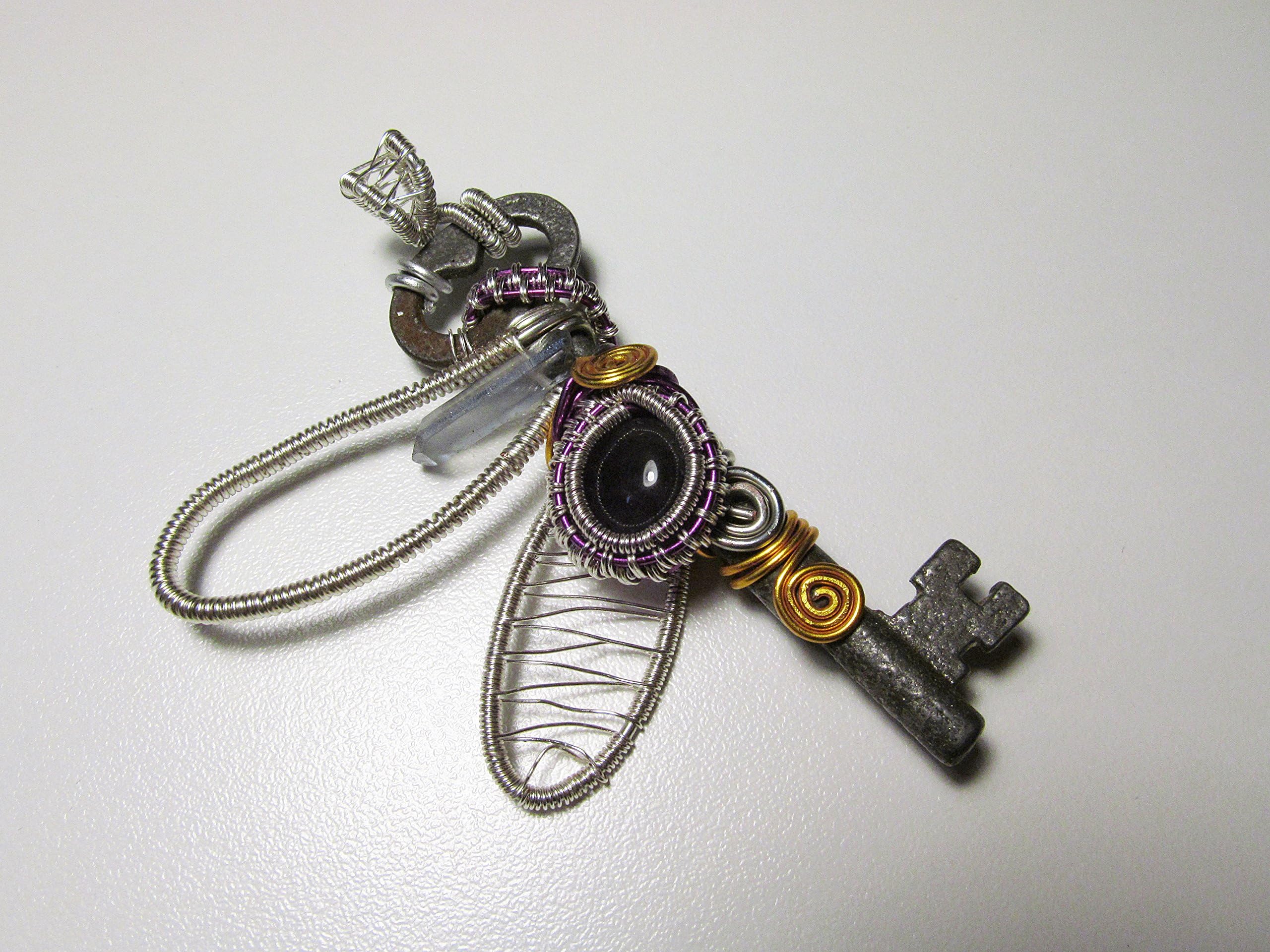 Key Necklace Dragonfly Wire Wrapped Antique Skeleton Key Pendant Amethyst Aura Quartz Boho Jewelry OOAK