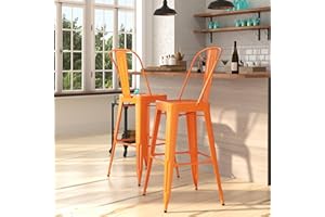 Merrick Lane Dothan Series Bar Height Stool - Orange Finish - Metal Frame with Cross Bracing - Convenient Removable Back - Integrated Footrest