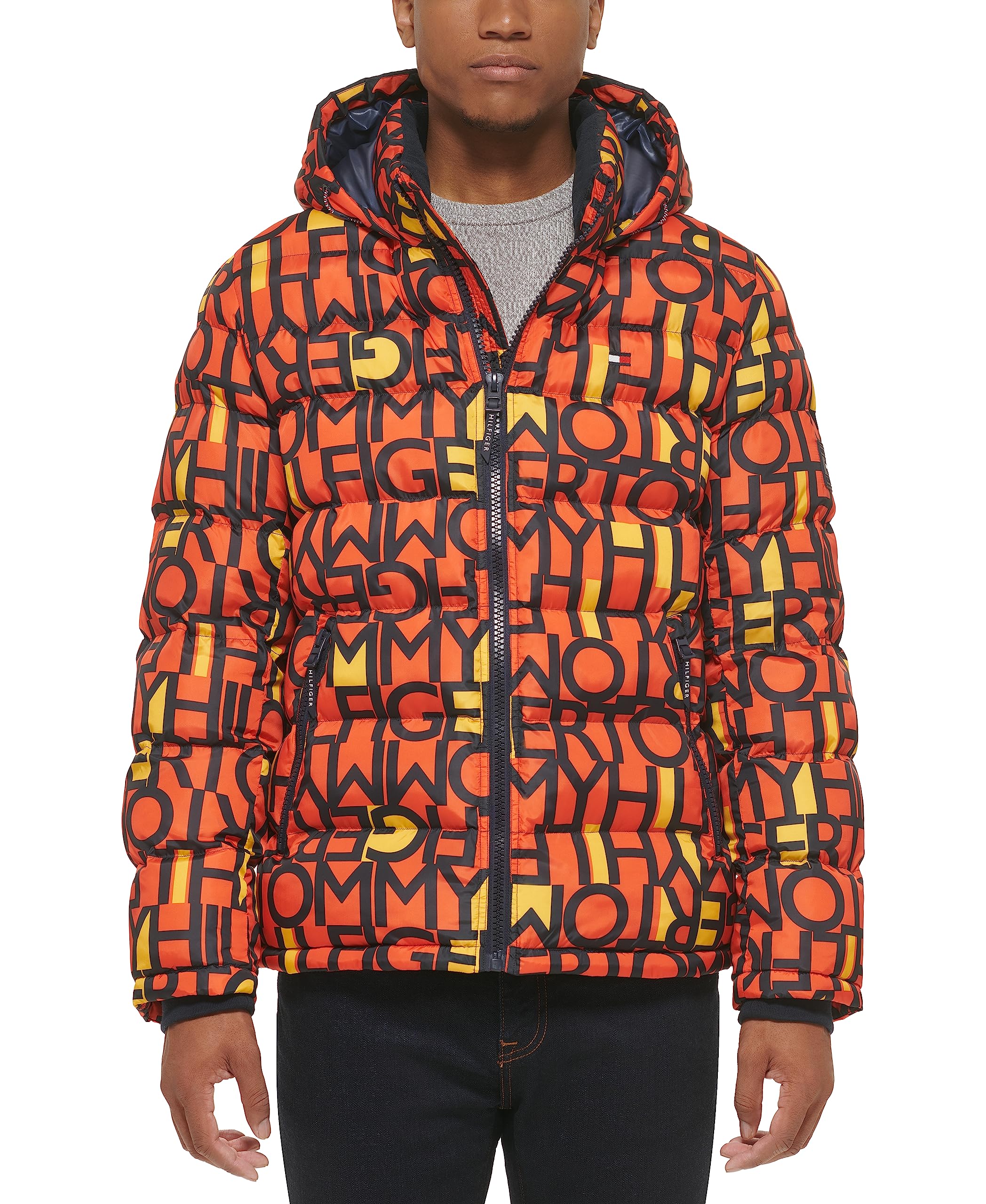 Tommy Hilfiger Men's Hooded Puffer Jacket, Orange Abstract Logo, XX-Large Image