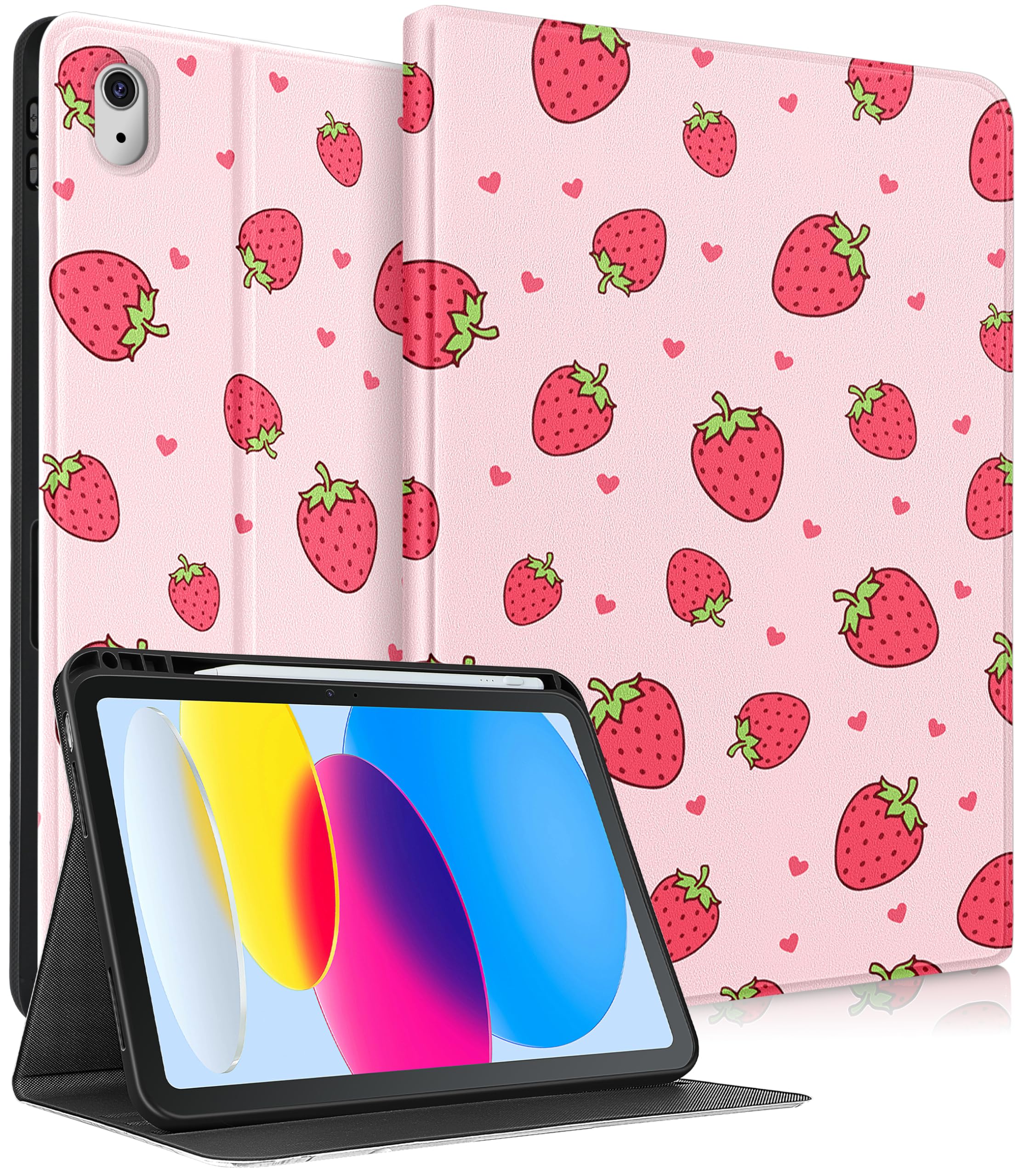 Pegmode for iPad 10th Generation Case 10.9 Inch Women Girls Cute Strawberry Folio Cover Girly Kawaii Pretty Design With Pencil Holder Smart Cover for Apple iPad 10th Gen Cases 2022 A2696 A2757