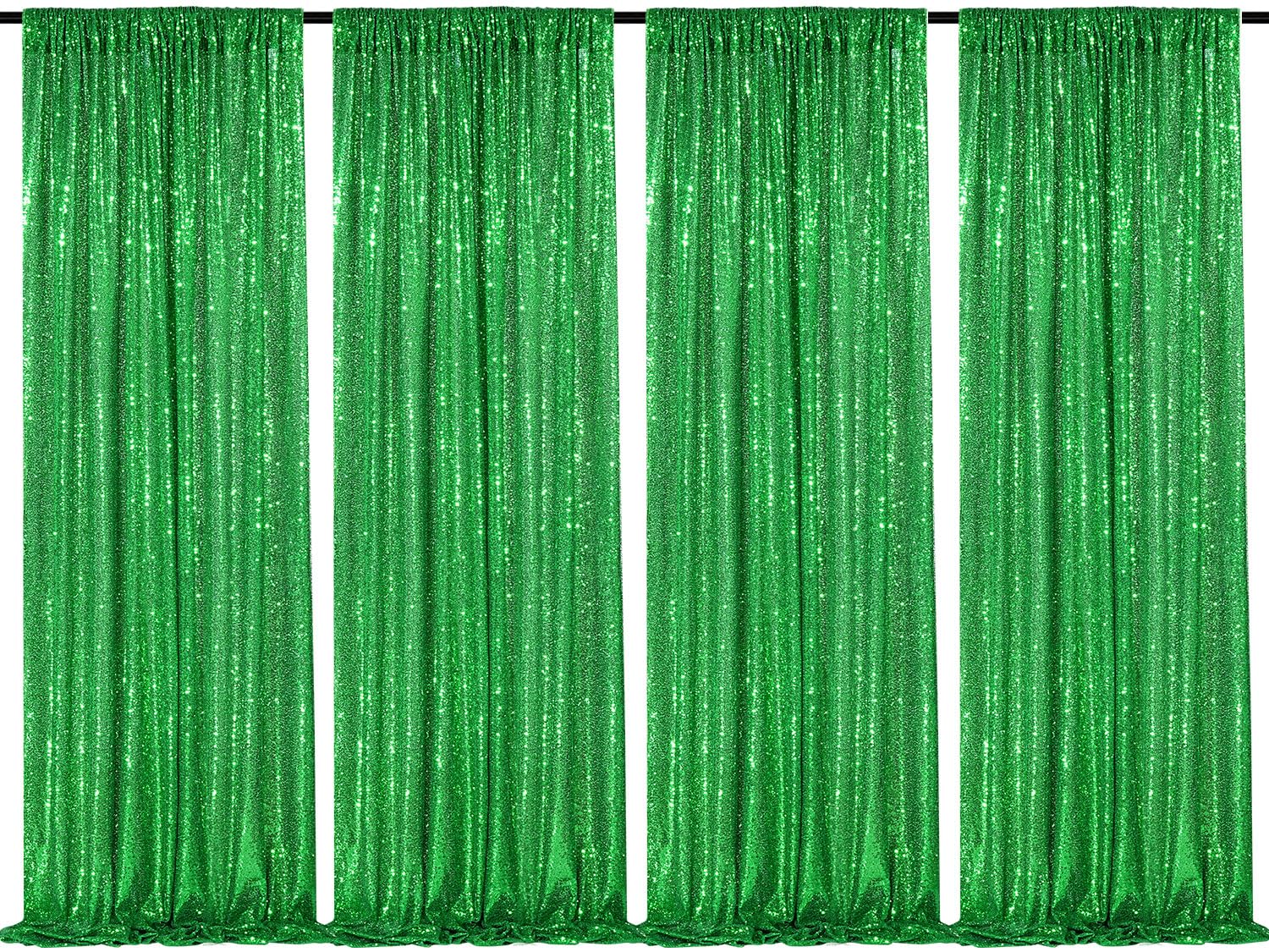 Green Sequin Backdrop 4 Panels 2FTx8FT Wedding Photo Backdrop Glitter Birthday Party Decorations Sparkle Background Drapes Image