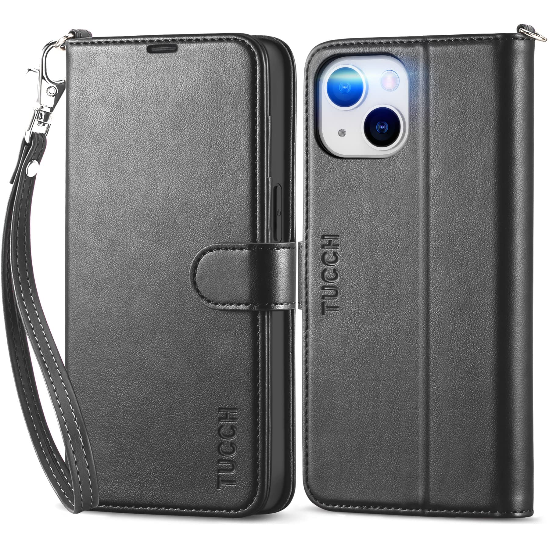 TUCCH Case for iPhone 14 (6.1") 2022 5G, Magnetic PU Leather Wallet Case with Wrist Strap, RFID Blocking Protection, Credit Card Holders, Shockproof TPU, Stand Folio Flip Cover for Women Men, Black — image 1
