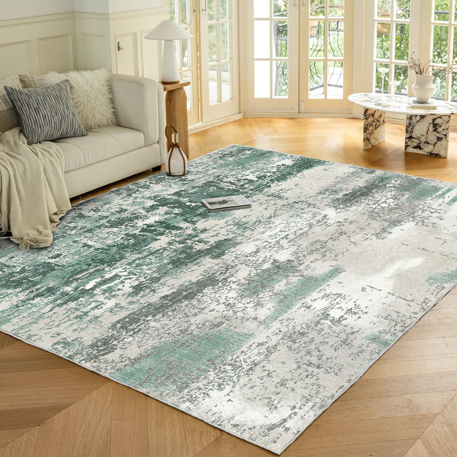 Photo 1 of OMERAI 6x9 Washable Area Rug for Living Room, Morden Abstract Rug for Bedroom Kitchen Dining Room Rugs, Non-Slip Faux Wool Ultra Soft Carpet - Sage Green & Grey
