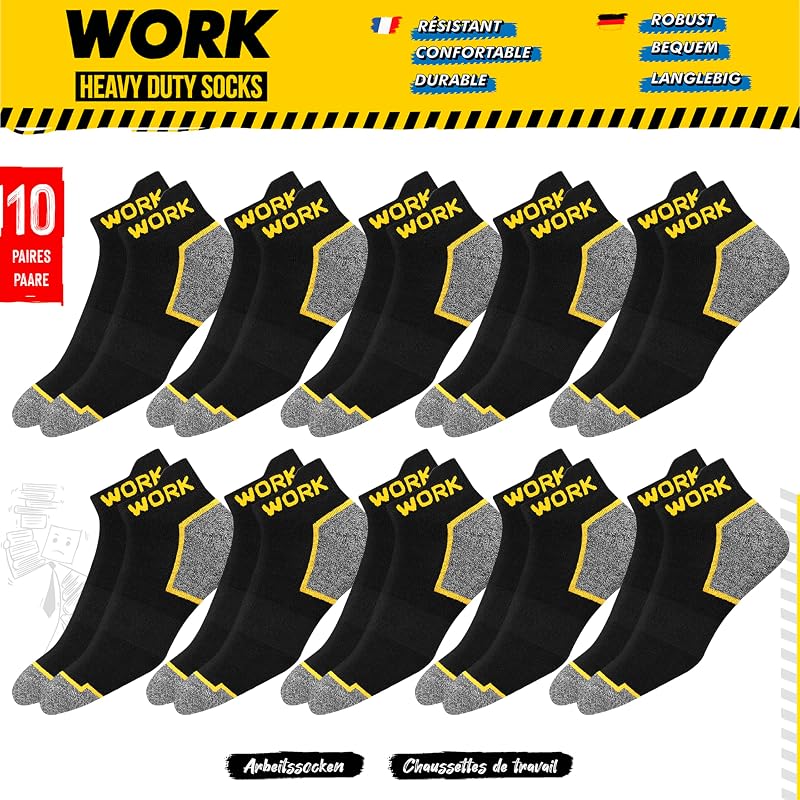 10 Pairs Socquettes de travail noires homme | Technologie DRI-WIK d’évacuation de l’humidité | Semelle ultra douce et coussinée | Talon et pointe renforcés | WORK socks lot de 10 paires, 39-42