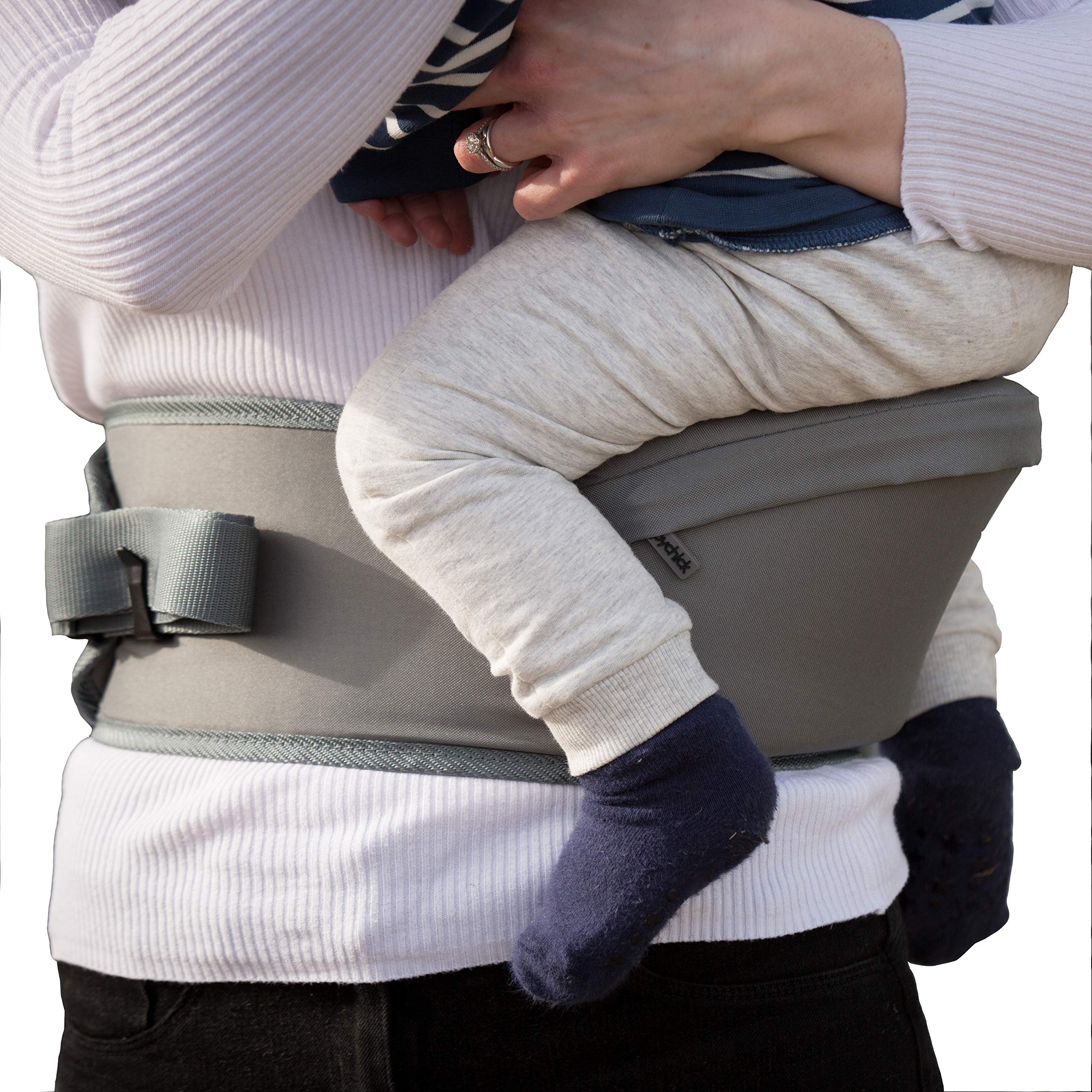 Hippychick Hipseat Baby Carrier, Lightweight Back-Saving Support Waist Stool, Adjustable Strap, Can Carry 6-36 Months Child, Grey