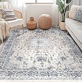 BESTSWEETIE 6x9 Area Rug Washable Rugs for Living Room, No Pile Boho Carpet for Entryway Bedroom Dinning Room, Vintage Carpet Print Distressed Non-Slip, 6 x 9 ft, Beige Blue
