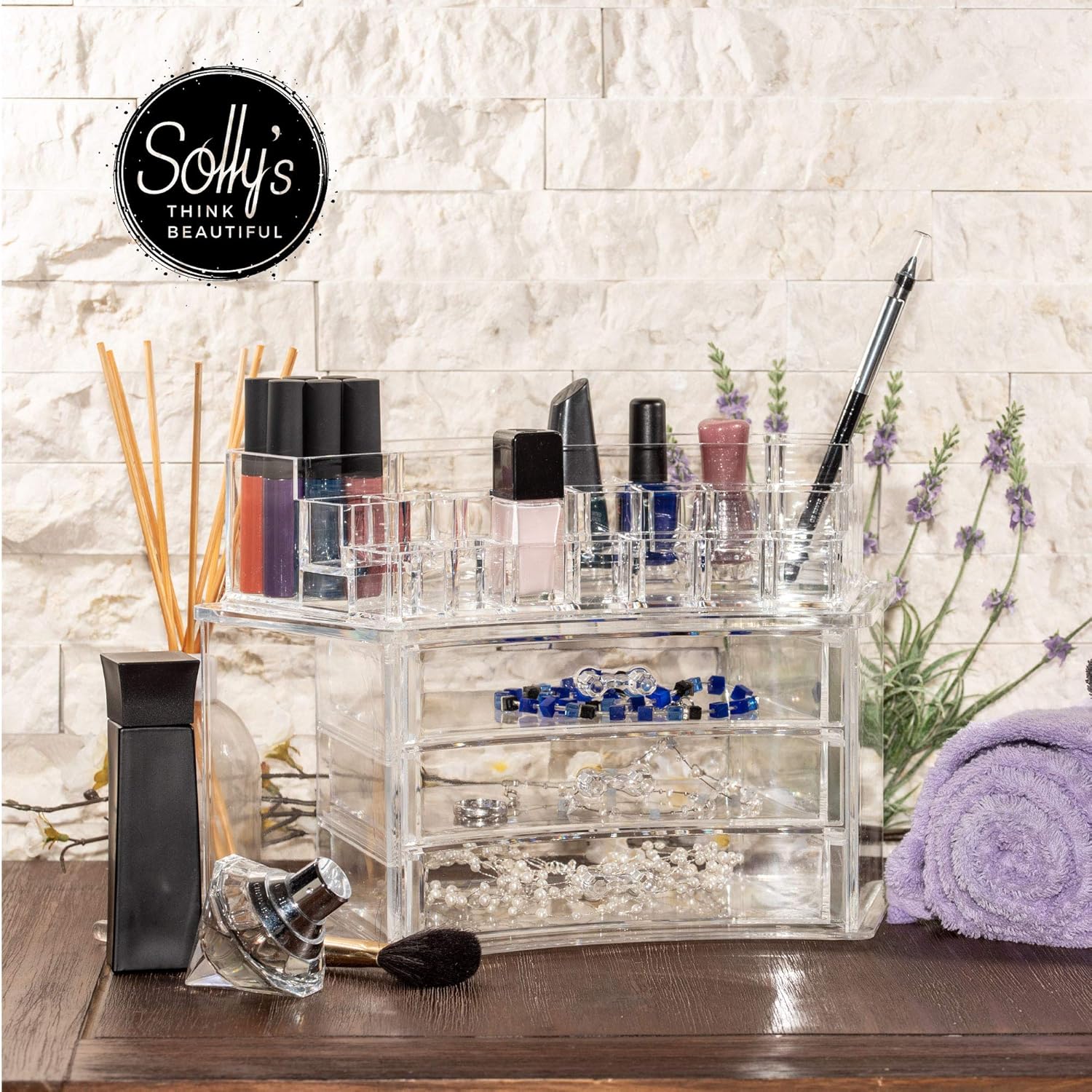 Caja transparente curva para maquillaje o joyas. Muchos compartimentos.