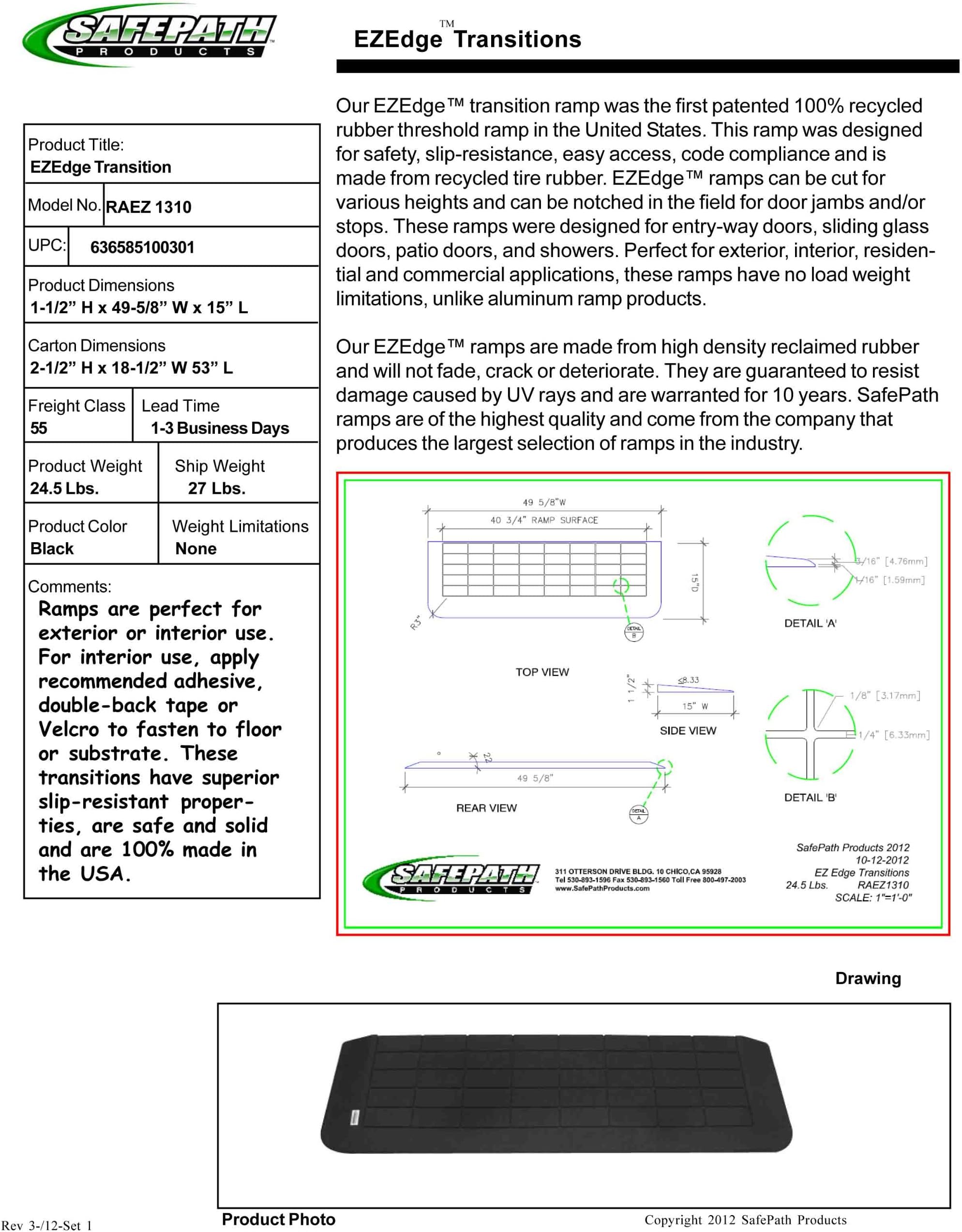 SafePath Products RAEZ1310 EZEdge 1 1/2" Thick x 49 5/8" Wide x 15.0" Transition/Threshold Ramp