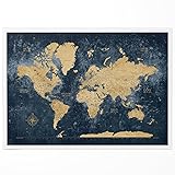 HolyCowCanvas Gold & Navy World Travel Map with