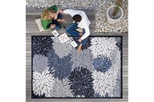 CAMILSON Indoor/Outdoor Rug, Navy Blue 9’x12’ Floral Exotic Tropical Area Rugs for Indoor and Outdoor patios, Easy-Cleaning Non-Shedding Living Room, Garden and Kitchen Washable Outside Carpet (9x12)