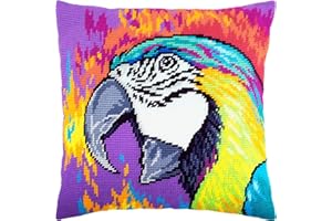 Brvsk Bird Needlepoint Kit for Adults and Beginners — Macaw 16″ × 16″ with Clear, Precise Printed Design on Cotton Canvas; Includes 2 Needles, Yarn, and Easy-Read Chart