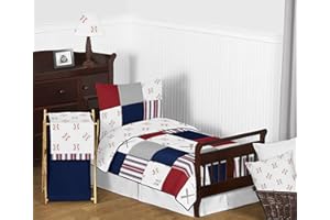 Sweet Jojo Designs Red, White and Blue Baseball Patch Sports Boy Toddler Kid Childrens Bedding Set - 5 Pieces Comforter, Sham and Sheets - Grey Patchwork Stripe