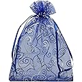 YIJUE 100pcs 5x7 Inches Drawstrings Organza Gift Candy Bags Wedding Favors Bags (Navy Blue with Silver)