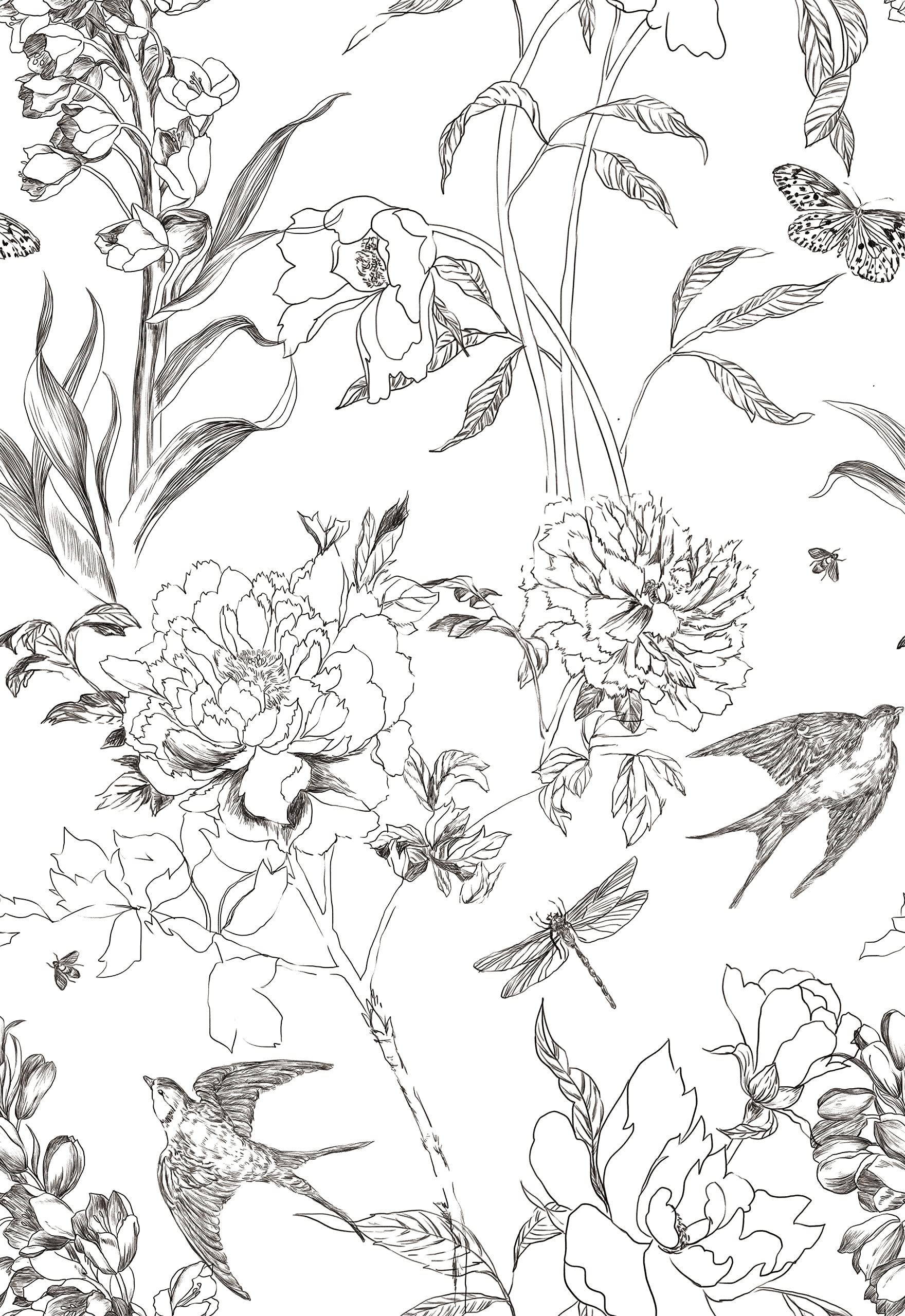 SOEWIOU Floral Peel and Stick Wallpaper,300 * 44.5cm Removable Waterproof Wallpaper Sketching Flowers and Swallow Contact Paper for Nursery Home Decorations